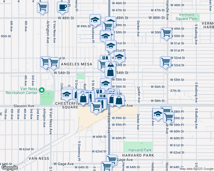 map of restaurants, bars, coffee shops, grocery stores, and more near 5533 South Western Avenue in Los Angeles