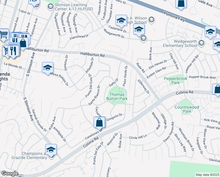 map of restaurants, bars, coffee shops, grocery stores, and more near 2082 Salto Drive in Hacienda Heights