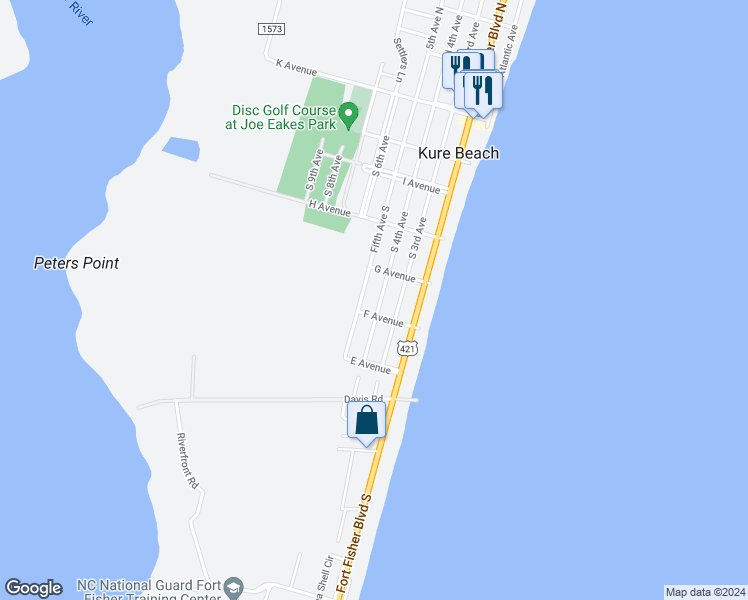 map of restaurants, bars, coffee shops, grocery stores, and more near 530 South 4th Avenue in Kure Beach