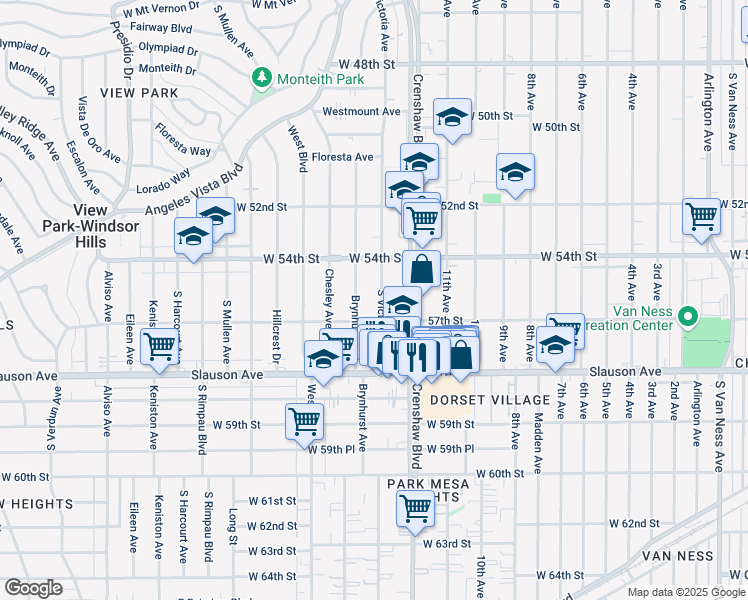 map of restaurants, bars, coffee shops, grocery stores, and more near 5449 South Victoria Avenue in Los Angeles
