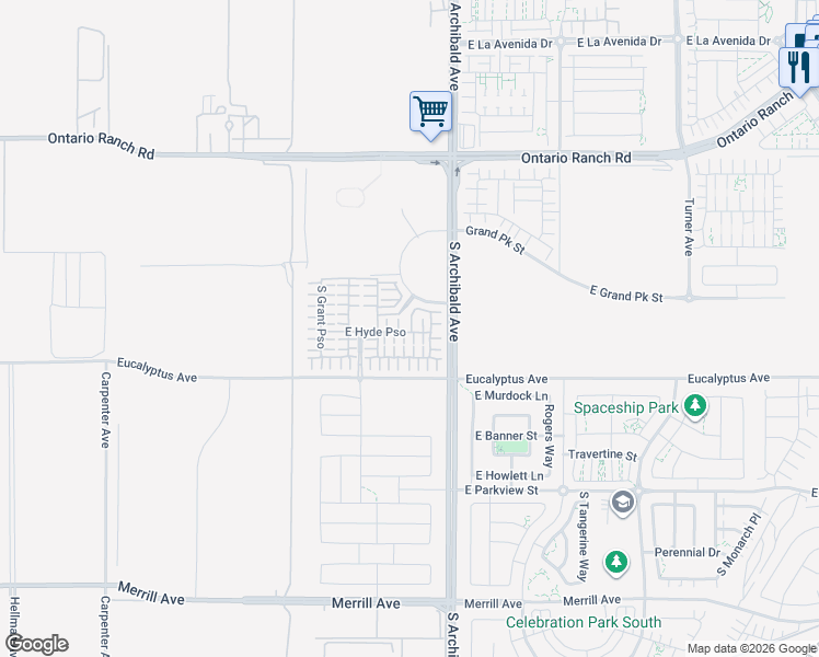 map of restaurants, bars, coffee shops, grocery stores, and more near 2601 East Hyde Paseo in Ontario