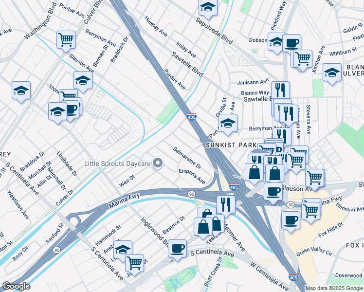 map of restaurants, bars, coffee shops, grocery stores, and more near 5215 South Slauson Avenue in Culver City