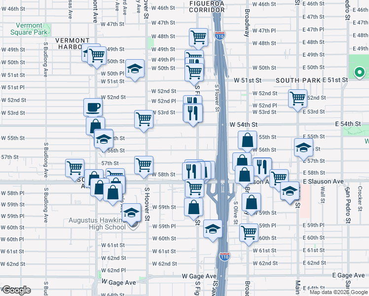 map of restaurants, bars, coffee shops, grocery stores, and more near 535 West 56th Street in Los Angeles