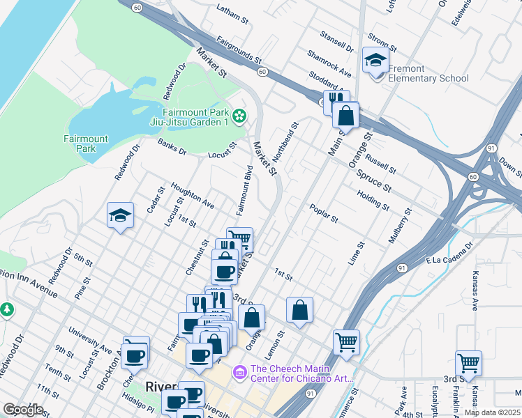 map of restaurants, bars, coffee shops, grocery stores, and more near 3820 Ridge Road in Riverside