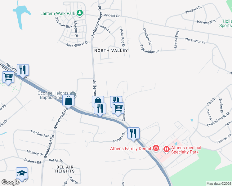 map of restaurants, bars, coffee shops, grocery stores, and more near 240 Camak Drive in Athens