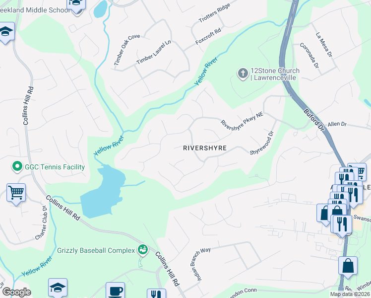 map of restaurants, bars, coffee shops, grocery stores, and more near 183 Woodshyre Ct in Lawrenceville