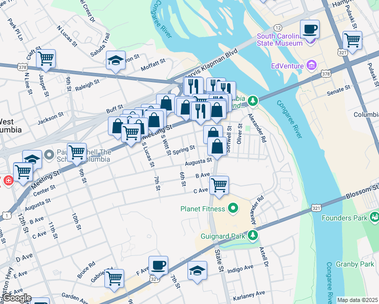 map of restaurants, bars, coffee shops, grocery stores, and more near 312 Saint Anns Alley in West Columbia