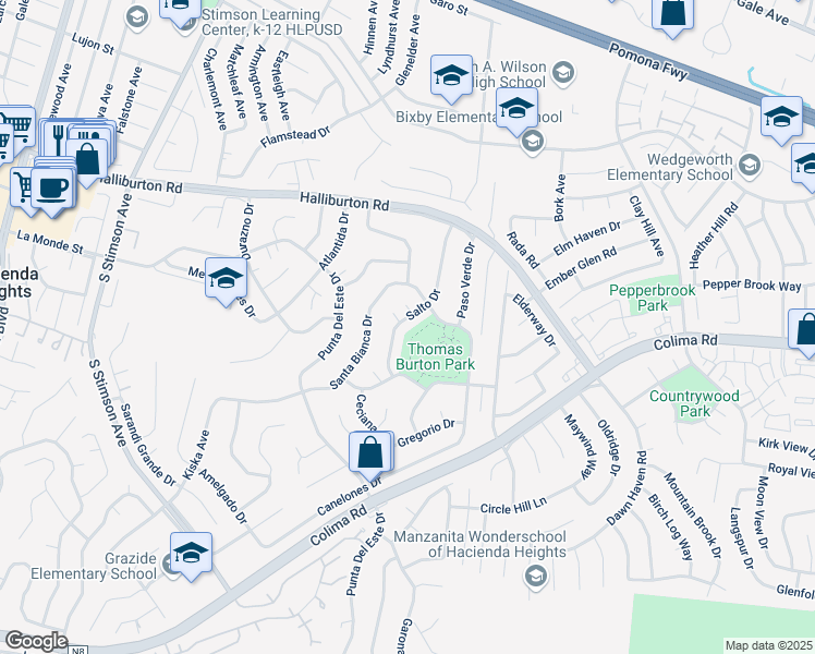 map of restaurants, bars, coffee shops, grocery stores, and more near 2082 Salto Drive in Hacienda Heights