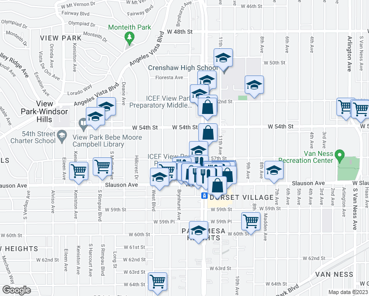 map of restaurants, bars, coffee shops, grocery stores, and more near 5449 South Victoria Avenue in Los Angeles