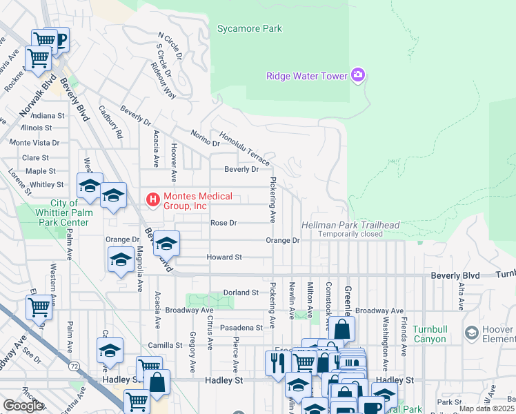 map of restaurants, bars, coffee shops, grocery stores, and more near 12504 Floral Drive in Whittier