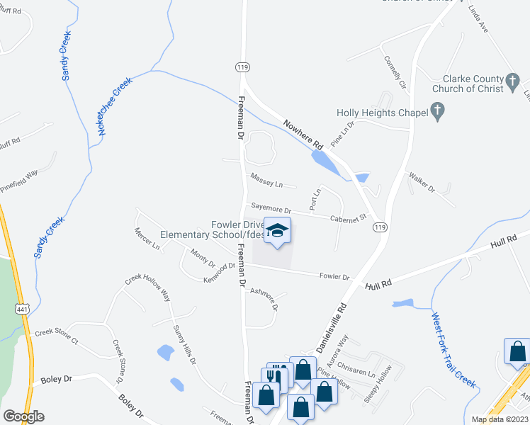 map of restaurants, bars, coffee shops, grocery stores, and more near 122 Sayemore Drive in Athens