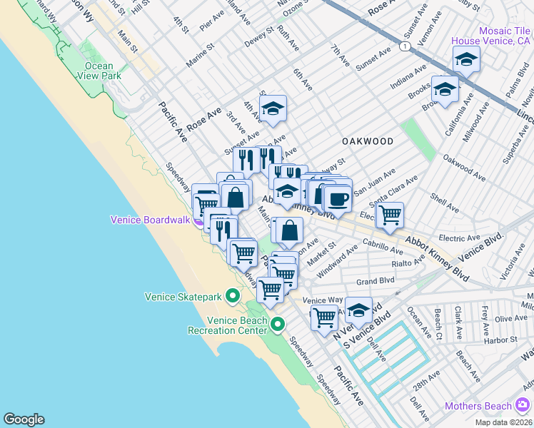 map of restaurants, bars, coffee shops, grocery stores, and more near 201-299,200-298 Wavecrest Avenue in Los Angeles