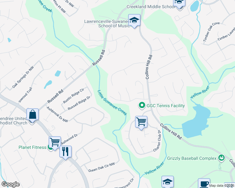 map of restaurants, bars, coffee shops, grocery stores, and more near 1448 Earlham Lane in Lawrenceville