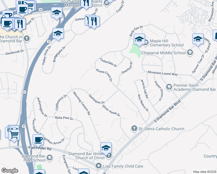 map of restaurants, bars, coffee shops, grocery stores, and more near 1700 Shadehill Place in Diamond Bar