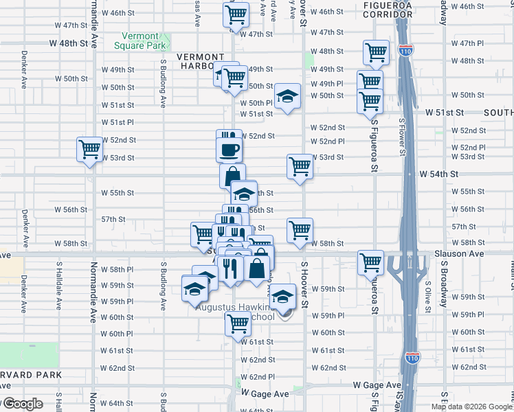 map of restaurants, bars, coffee shops, grocery stores, and more near 921 West 56th Street in Los Angeles
