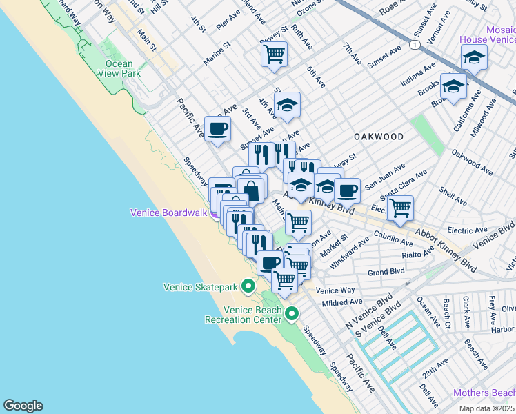 map of restaurants, bars, coffee shops, grocery stores, and more near 115 Breeze Avenue in Los Angeles
