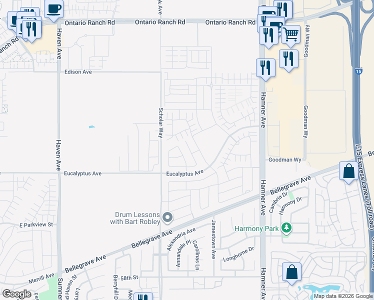 map of restaurants, bars, coffee shops, grocery stores, and more near 4502 S Mendocino Avenue in Ontario
