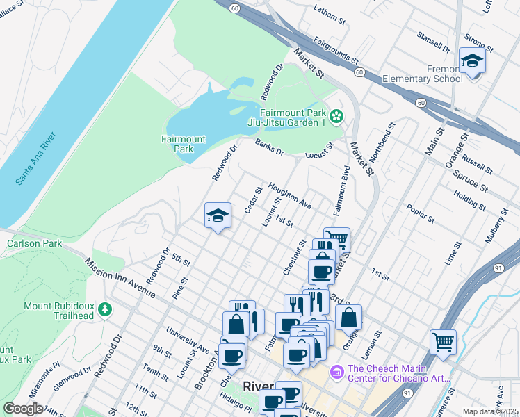 map of restaurants, bars, coffee shops, grocery stores, and more near 4262 1st Street in Riverside