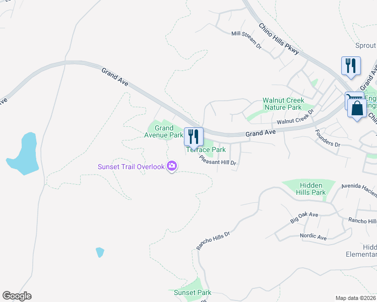 map of restaurants, bars, coffee shops, grocery stores, and more near 14363 Auburn Court in Chino Hills