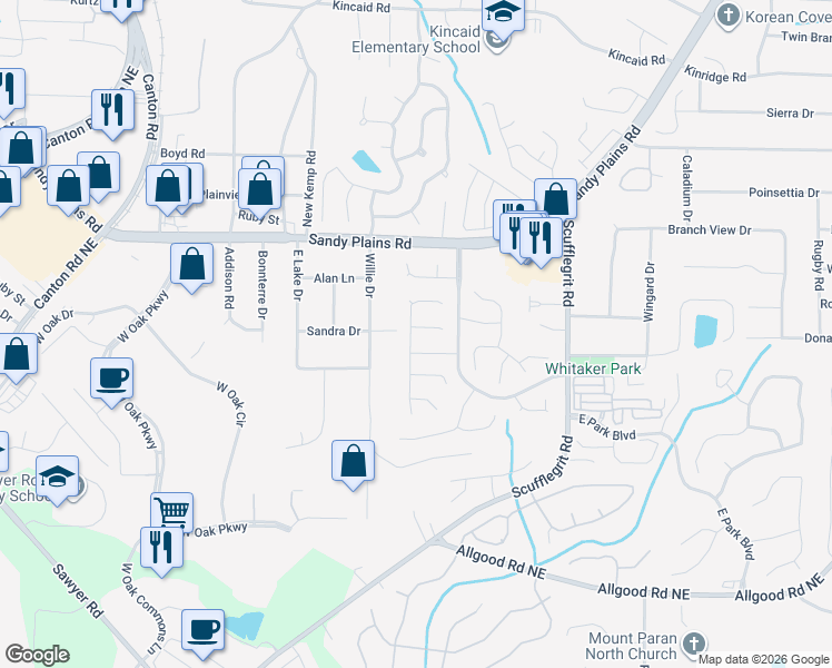 map of restaurants, bars, coffee shops, grocery stores, and more near 1320 Pinebreeze Court in Marietta