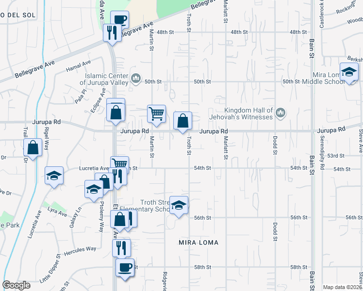 map of restaurants, bars, coffee shops, grocery stores, and more near 5297 Troth Street in Jurupa Valley