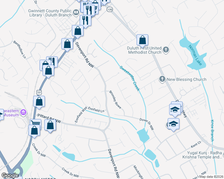 map of restaurants, bars, coffee shops, grocery stores, and more near 3211 Bransley Way in Duluth