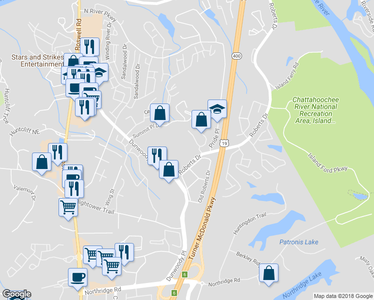 map of restaurants, bars, coffee shops, grocery stores, and more near 8607 Roberts Drive in Atlanta