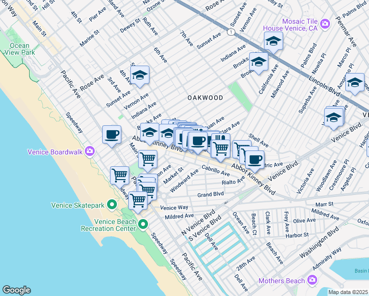 map of restaurants, bars, coffee shops, grocery stores, and more near 1205 Abbot Kinney Boulevard in Los Angeles