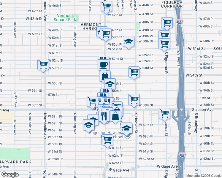 map of restaurants, bars, coffee shops, grocery stores, and more near 921 West 56th Street in Los Angeles