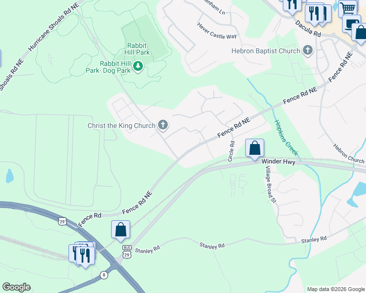 map of restaurants, bars, coffee shops, grocery stores, and more near 2003 Fence Road Northeast in Dacula