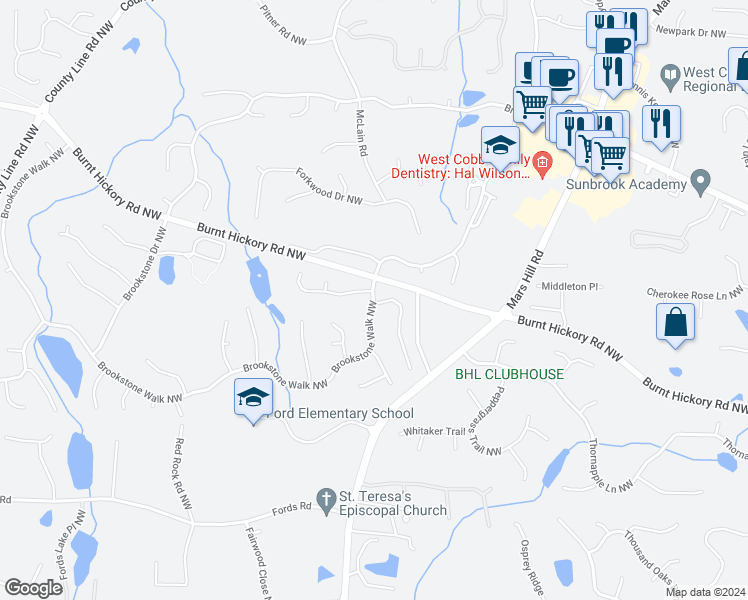 map of restaurants, bars, coffee shops, grocery stores, and more near 5713 Brookstone Walk in Acworth