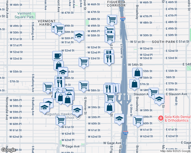 map of restaurants, bars, coffee shops, grocery stores, and more near 637 West 56th Street in Los Angeles