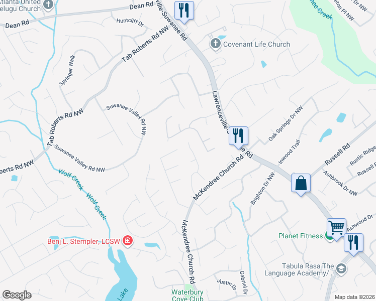 map of restaurants, bars, coffee shops, grocery stores, and more near 1792 Hayden Mill Court in Lawrenceville