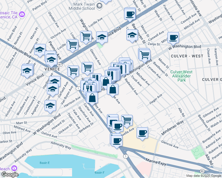 map of restaurants, bars, coffee shops, grocery stores, and more near 4040 Glencoe Avenue in Marina del Rey