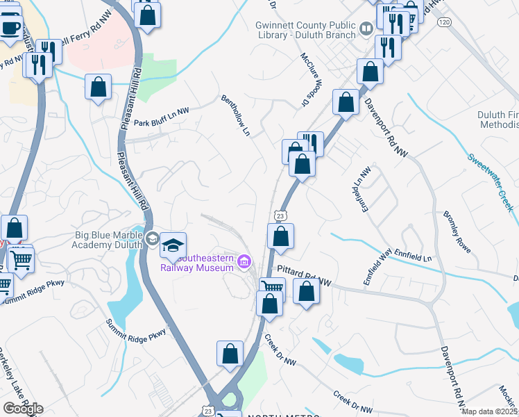 map of restaurants, bars, coffee shops, grocery stores, and more near 3381 Grovewood Lane in Duluth