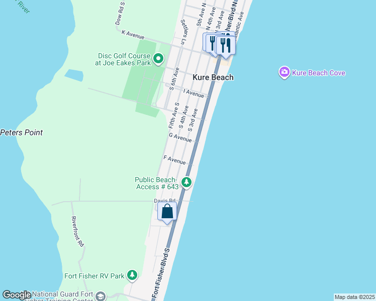 map of restaurants, bars, coffee shops, grocery stores, and more near 526 South 3rd Avenue in Kure Beach