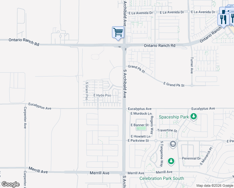 map of restaurants, bars, coffee shops, grocery stores, and more near 2655 East Hyde Paseo in Ontario