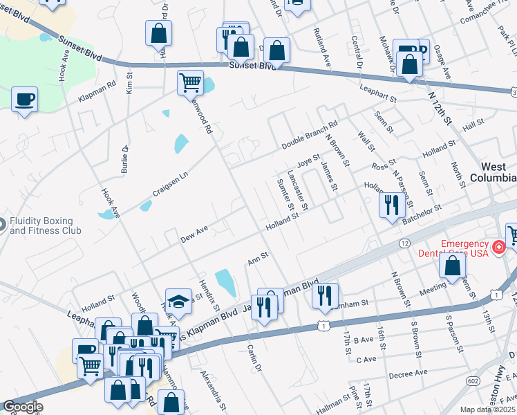 map of restaurants, bars, coffee shops, grocery stores, and more near 321 Gaffney Street in West Columbia
