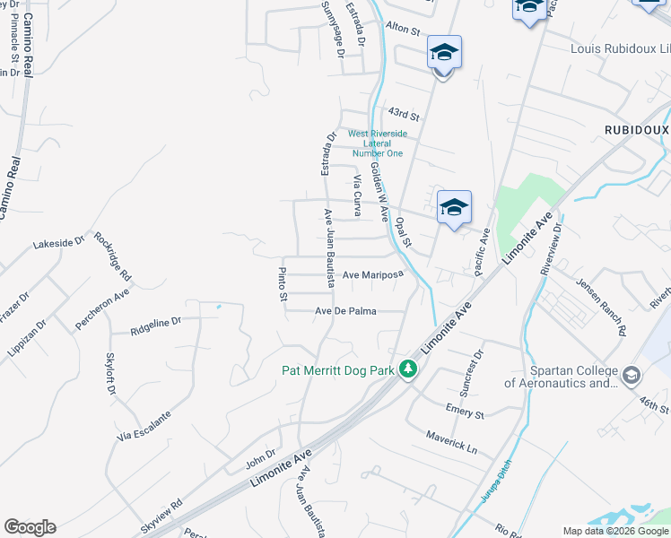 map of restaurants, bars, coffee shops, grocery stores, and more near 6593 Avenue Mariposa in Riverside