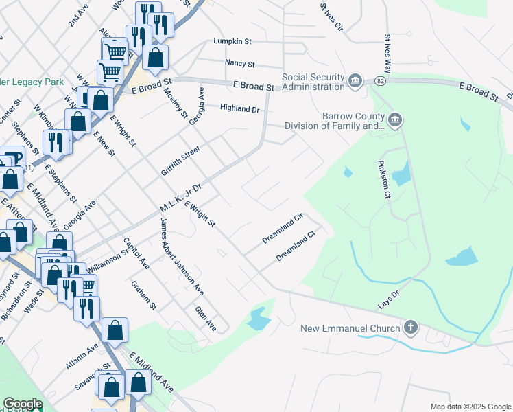 map of restaurants, bars, coffee shops, grocery stores, and more near 335 Mary Alice Drive in Winder