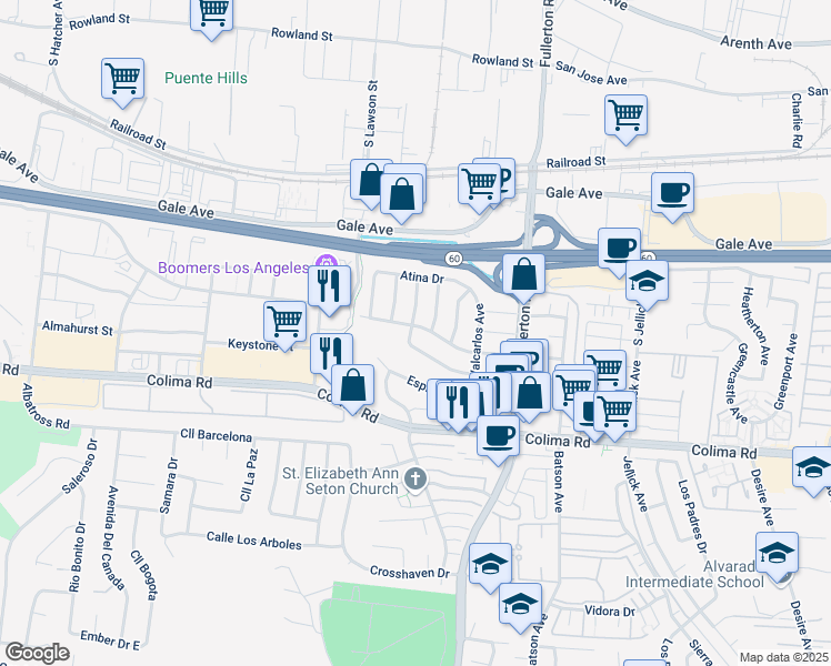 map of restaurants, bars, coffee shops, grocery stores, and more near 18126 Los Palacios Drive in Rowland Heights