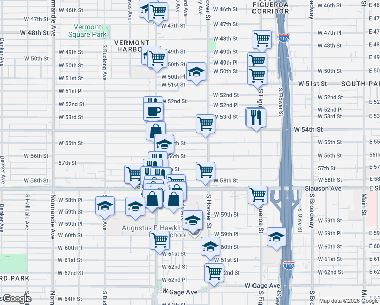 map of restaurants, bars, coffee shops, grocery stores, and more near 837 West 56th Street in Los Angeles