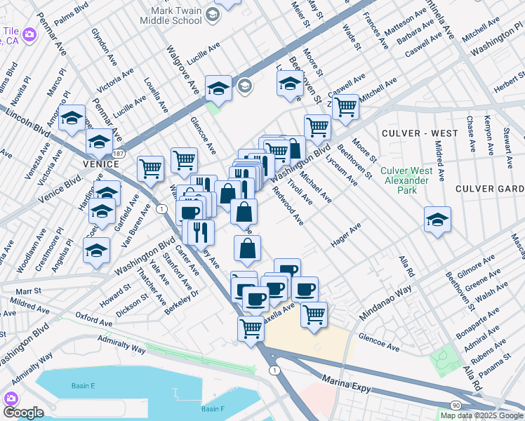 map of restaurants, bars, coffee shops, grocery stores, and more near 13352 Beach Avenue in Marina del Rey