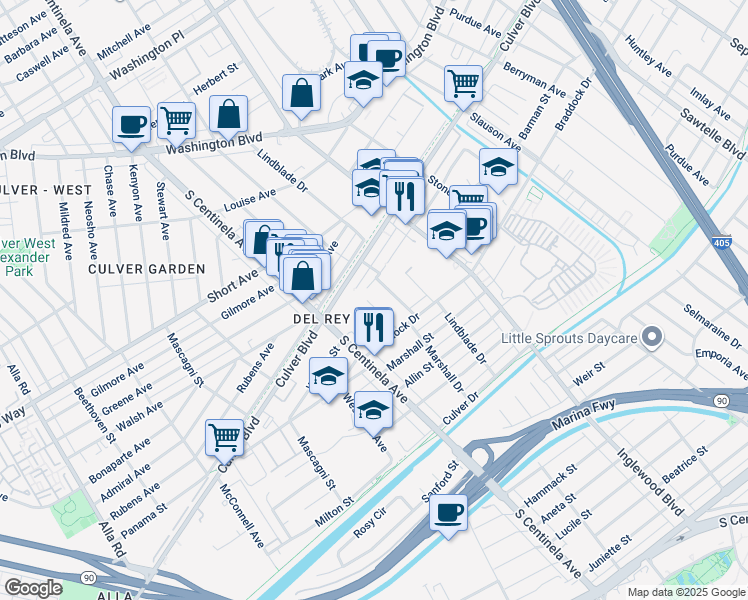 map of restaurants, bars, coffee shops, grocery stores, and more near 4632 Marshall Drive in Culver City