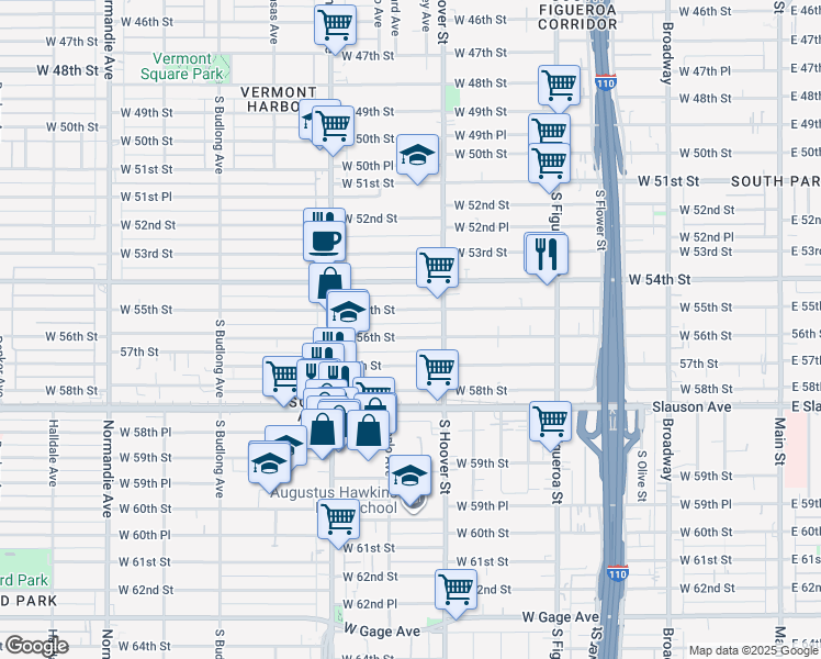 map of restaurants, bars, coffee shops, grocery stores, and more near 837 W 56th St in Los Angeles