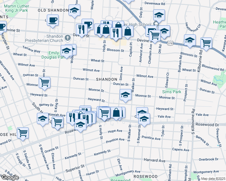 map of restaurants, bars, coffee shops, grocery stores, and more near 3007 Monroe St in Columbia