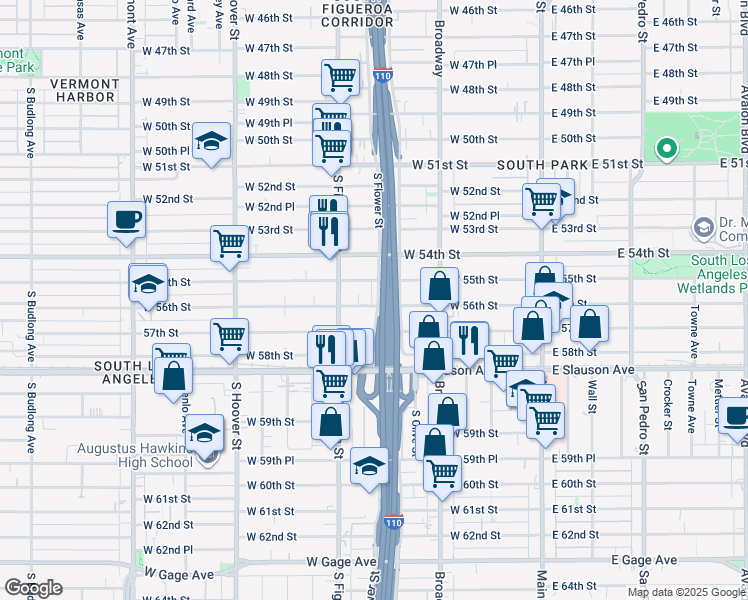 map of restaurants, bars, coffee shops, grocery stores, and more near 419 West 56th Street in Los Angeles