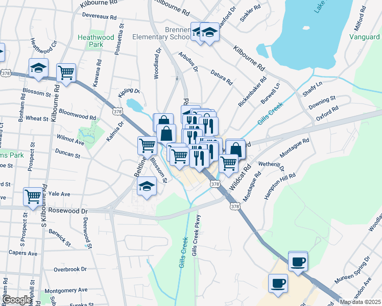 map of restaurants, bars, coffee shops, grocery stores, and more near 702 Cross Hill Road in Columbia