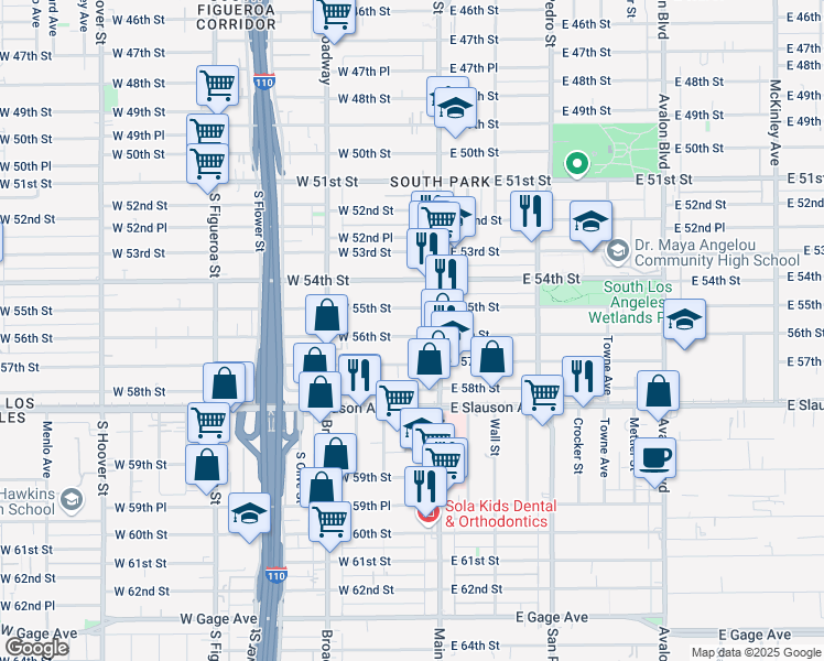 map of restaurants, bars, coffee shops, grocery stores, and more near 127 West 56th Street in Los Angeles