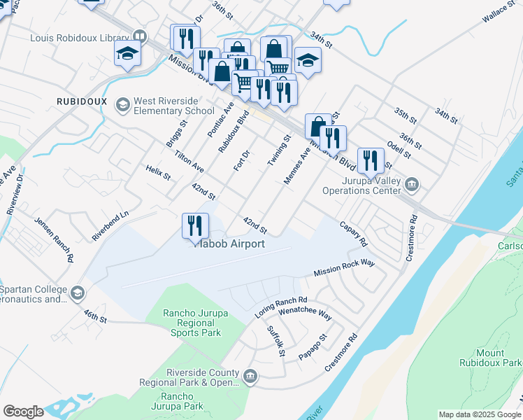 map of restaurants, bars, coffee shops, grocery stores, and more near 4111 Mennes Avenue in Riverside